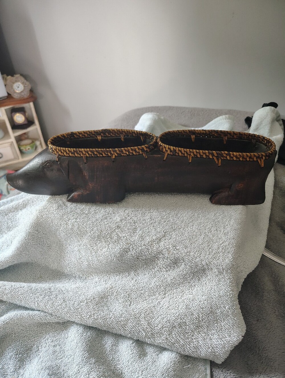 Wooden Pig Planter with Woven Rim - Rustic Brown - Picture 3 of 9